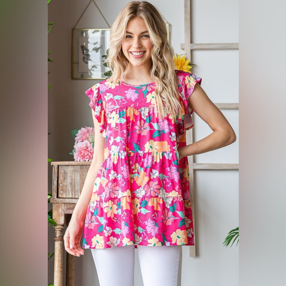 Heimish Full Size Floral Ruffle Sleeve Tiered Blouse🆕